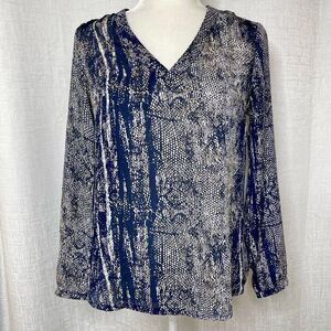 Roly Poly Snakeskin V Neck Long Sleeve Blouse (Navy) - Small